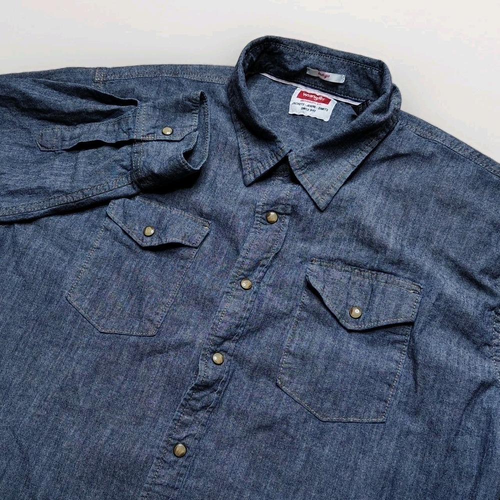 Wrangler Indigo Denim Western Pearl Shirt Long‎ Sleeve Men's 2XL Chambray